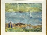 un tableau représentant deux personnes marchant sur la plage