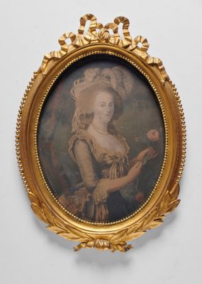 portrait of a lady holding a rose in a gold frame