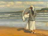 un tableau représentant un homme debout sur la plage, tenant un parapluie