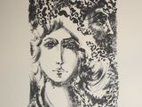 dessin représentant le visage d'une femme en noir et blanc sur fond blanc