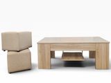a wooden table with two chairs and a coffee table on it