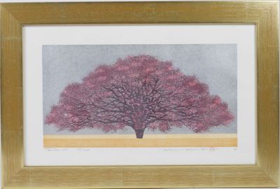a painting of a tree with pink leaves in a gold frame