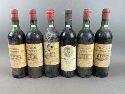 six bottles of wine are lined up in a row