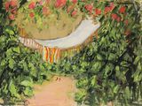 un tableau représentant un hamac au milieu d'un jardin