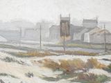 painting of a snowy landscape with a church in the distance