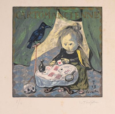 a painting of a child and a bird on a table