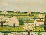 a painting of a farm with trees in the foreground