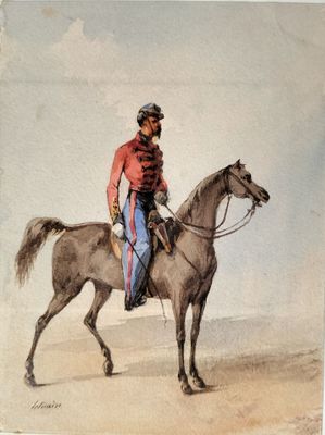 a painting of a man riding a horse in the desert