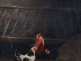 une peinture à l'huile représentant des poulets dans une grange, avec du foin par terre