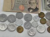 a lot of coins and a note on the table
