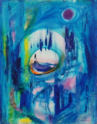 une peinture représentant une personne sur une planche de surf dans un tunnel bleu