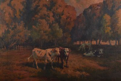 a painting of cows in a field with trees in the background