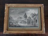 an old picture of a painting of a village with horses and people