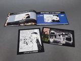 three black and white photos of a man and a woman on a table