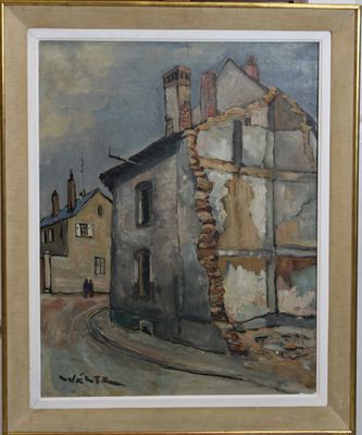 tableau représentant un vieux bâtiment, encadré et accroché au mur
