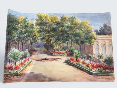 a painting of a garden with a fountain in the middle