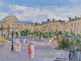 a painting of people walking on a street in a city