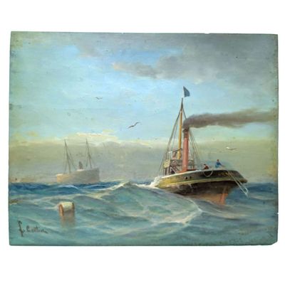 un tableau représentant un bateau sur l'eau, avec un chien au premier plan