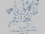 dessin représentant un homme avec un oiseau sur la tête, tenant une perche