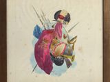 une vieille photo représentant une femme en robe rose à cheval