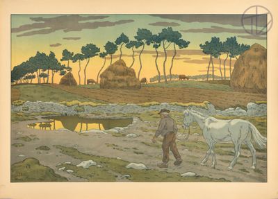 painting of a man leading a white horse across a field