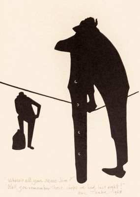 a drawing of a man on a tight rope with a dog