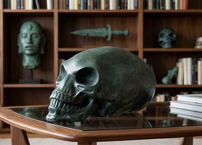 a skull sitting on a table in front of a bookshelf