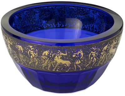 bol en verre bleu orné d'un motif doré sur le bord