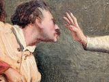 a painting of a man and a woman talking to each other