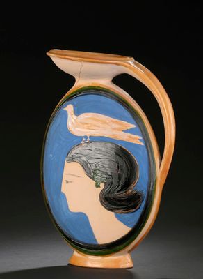 a vase with a picture of a woman and a bird on top of it
