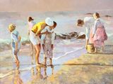 un tableau représentant une famille sur la plage, au bord de l'eau
