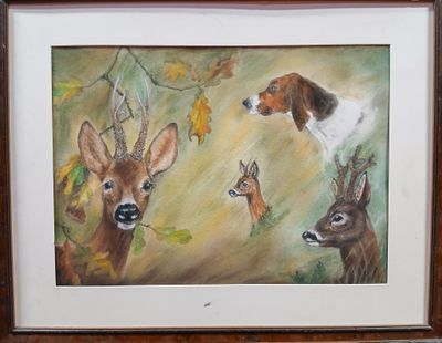 une photo d'un tableau représentant un chien et un cerf