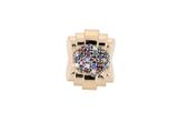 a close up of a gold ring with multi colored stones