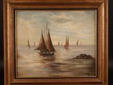an oil painting of sailboats on the water with rocks in the background
