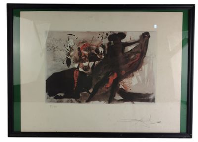 framed and matted print of a bullfight scene with a bull in the foreground