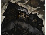 an image of a painting of a cabin on a hill