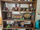 a wooden shelf with many different items on it