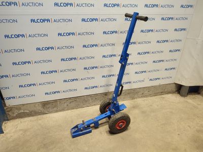 an image of a blue hand truck with a red wheel