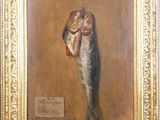 tableau représentant un poisson accroché à un hameçon, dans un cadre doré