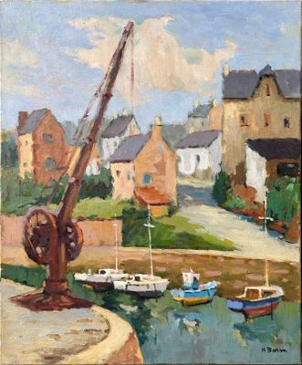 painting of a harbor scene with boats in the water and houses in the background