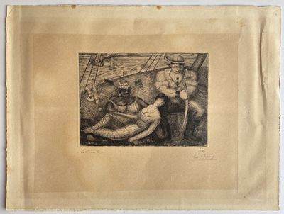 une image représentant un dessin d'un groupe de personnes sur un bateau
