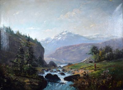 tableau représentant une rivière qui traverse une vallée, avec une montagne en arrière-plan