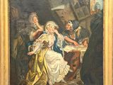 an image of a painting of a woman sitting at a table with other people around her