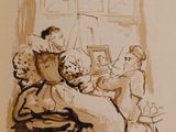 drawing of a woman sitting in a chair in front of a group of people