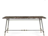 a table with a marble top and metal legs