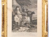 une vieille photo représentant un homme et une femme assis à une table devant un cheval