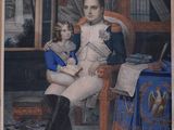 an old picture of a man and a little girl sitting in a chair