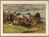 a painting of a landscape with houses and trees on a hill