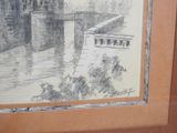 drawing of a bridge over a body of water with a building in the background