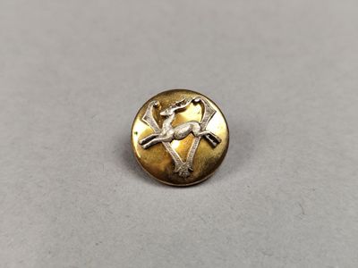 a close up of a button with a bird on it